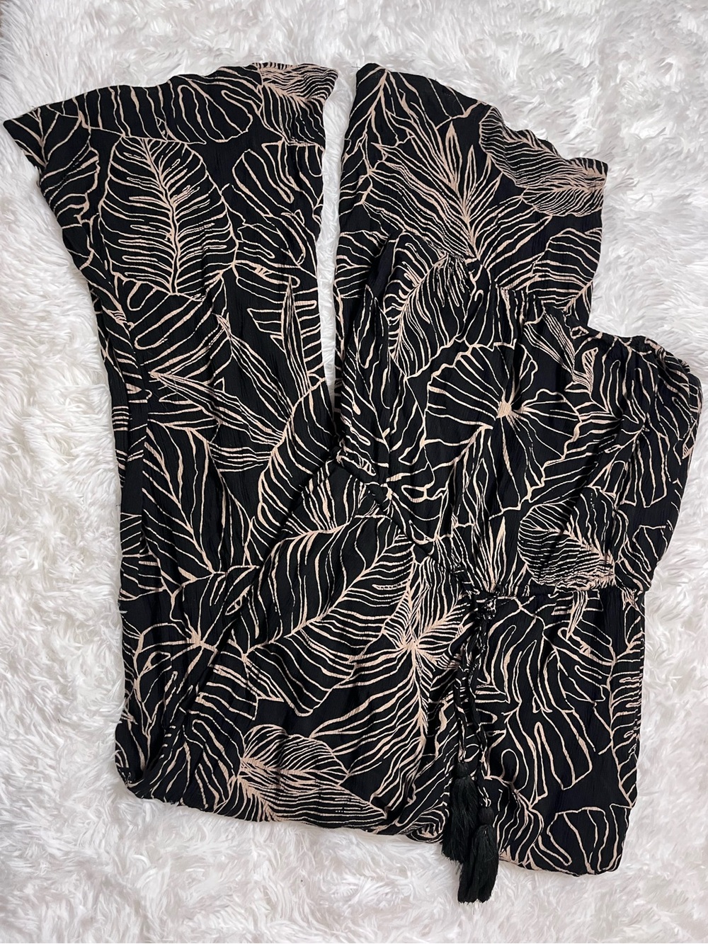 Elan Black Tropical-Print Strapless Jumpsuit with Tassel Tie